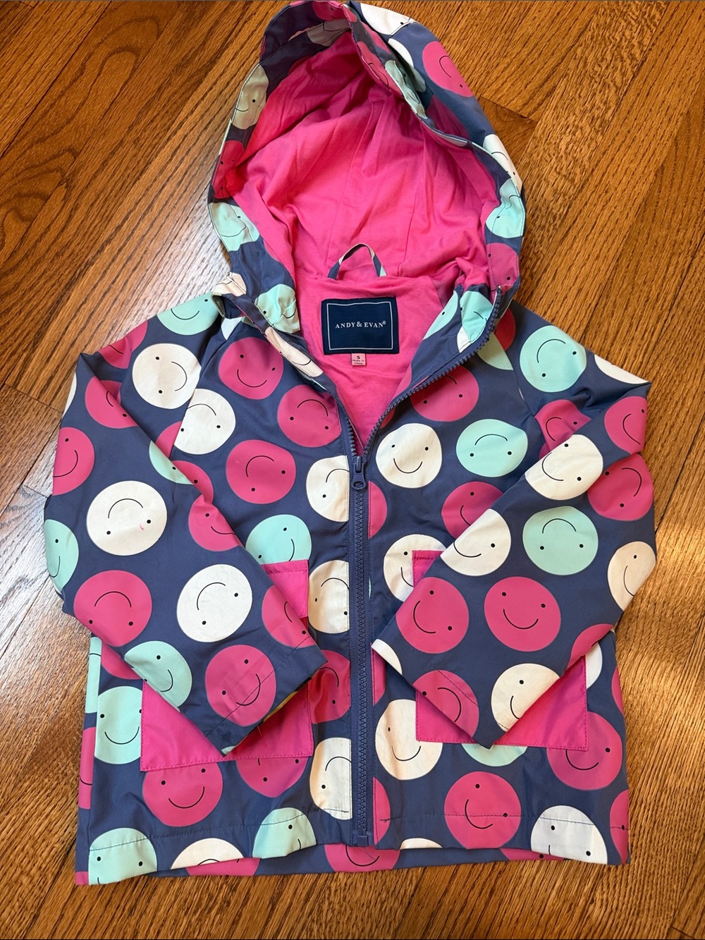 Andy & Evan Navy Raincoat with Pink, Mint & Cream Smiley Dots